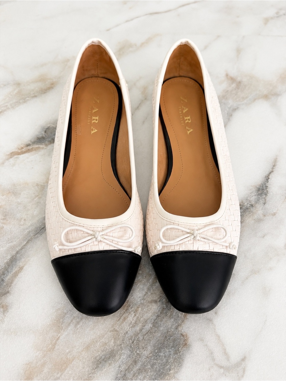 ZARA Cap Toe Ballet Flats Cream Black Size 38 Spring🤍